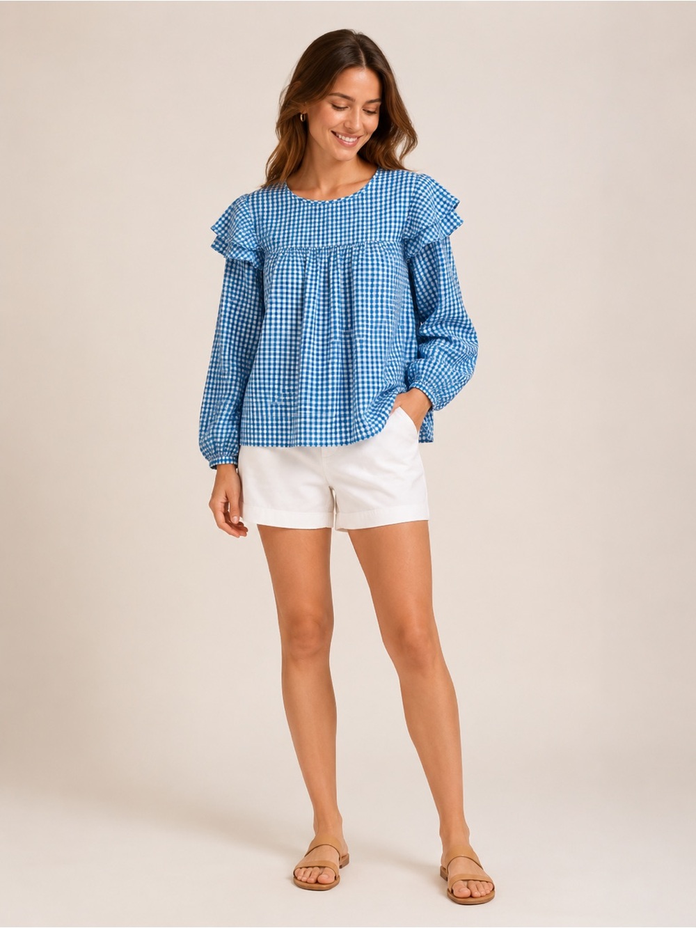 Crown & Ivy Blue White Gingham Flutter Sleeve Peasant Blouse Top Size M